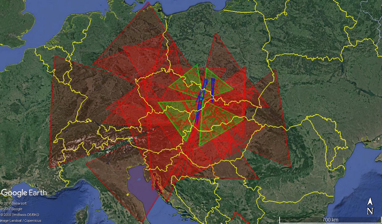 Fig. 1 - 2D projection of videocameras FOV in the CEMeNt network. Wide field systems are marked in red. Author: Jakub Koukal